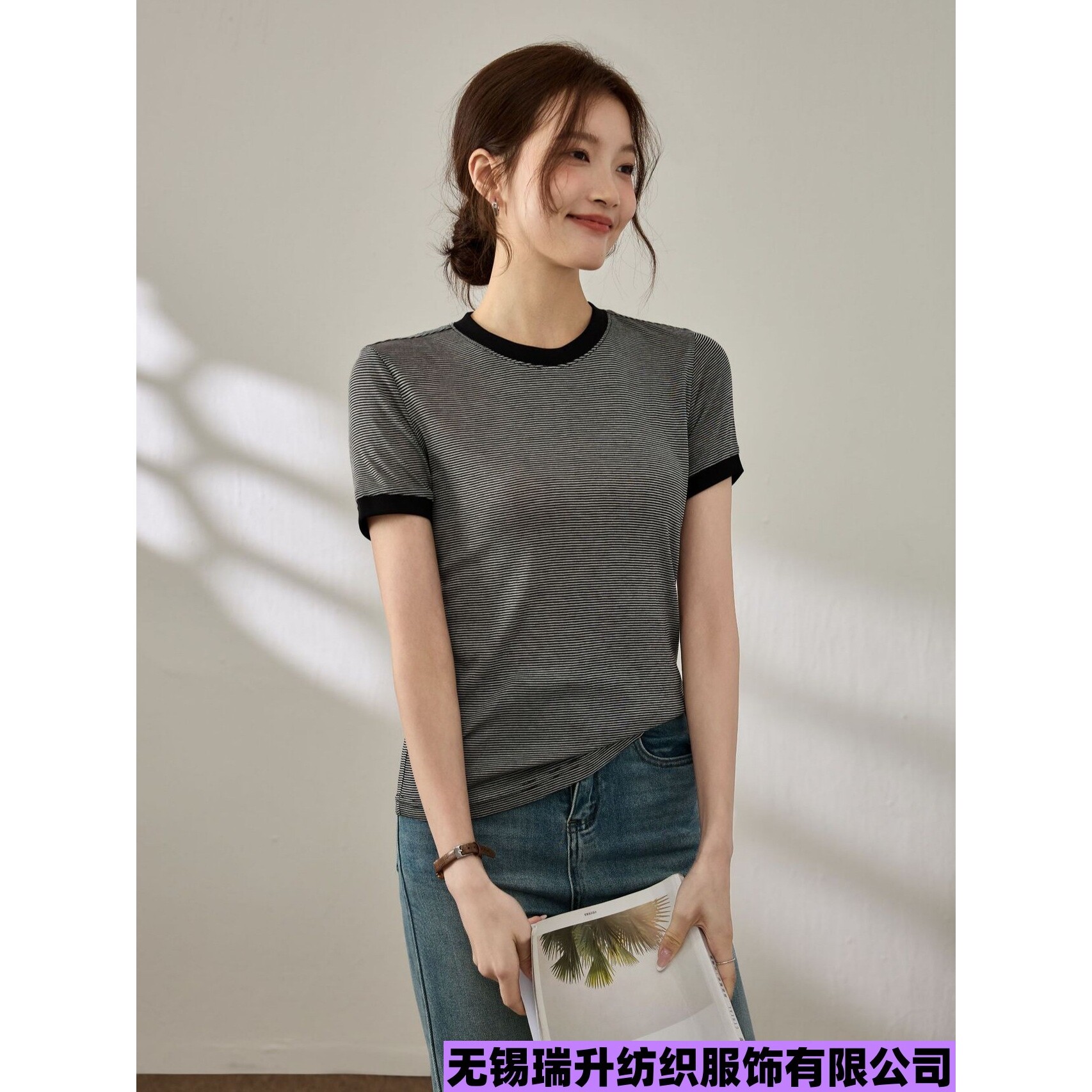 无锡瑞升纺织服饰有限公司圆领条纹天丝羊毛短袖女t恤2025夏季新图片