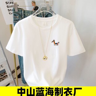 中山蓝海制衣厂刺绣小马纯棉白色短袖t恤女2025新款学生大码宽松