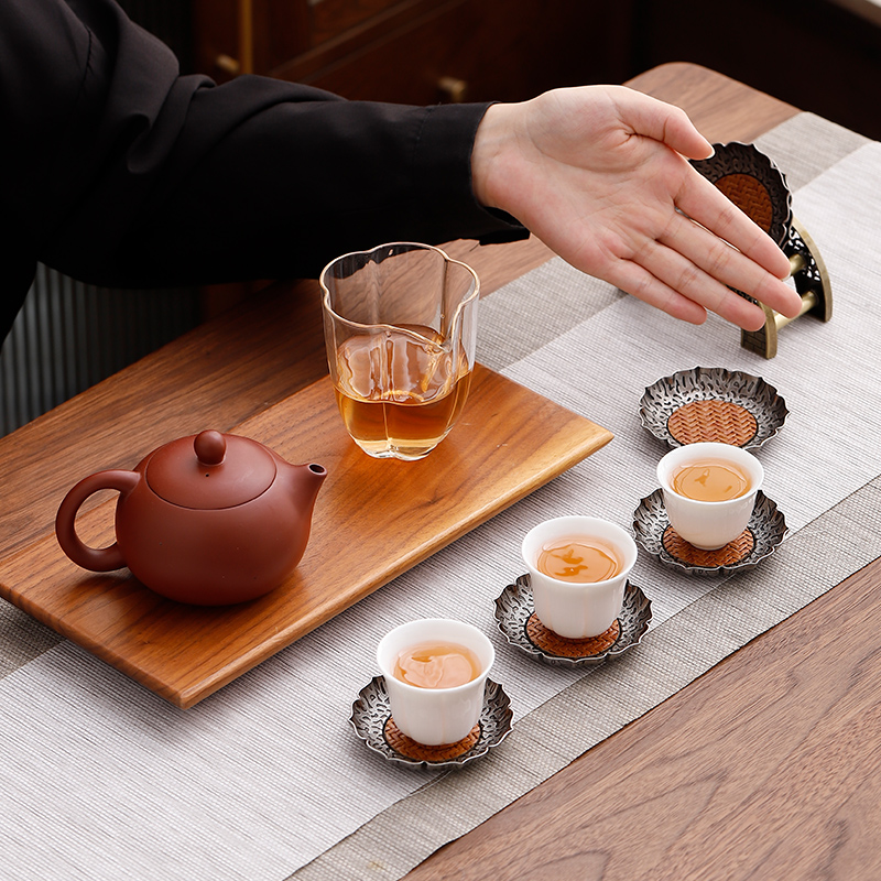 仿古银竹编杯垫手工花型隔热茶托