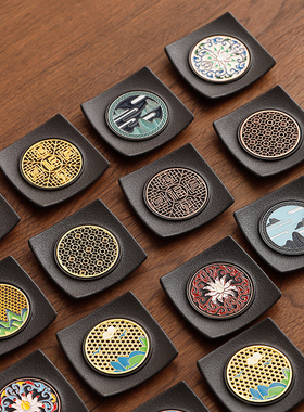 中式电木杯垫四方珐琅彩茶杯托家用翘边茶桌防滑隔热垫六个收纳装