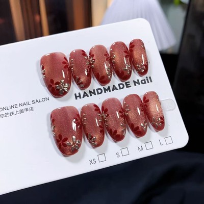 纯手工国风穿戴甲短款秋冬高级感2025年新款美甲贴片手绘【1275】