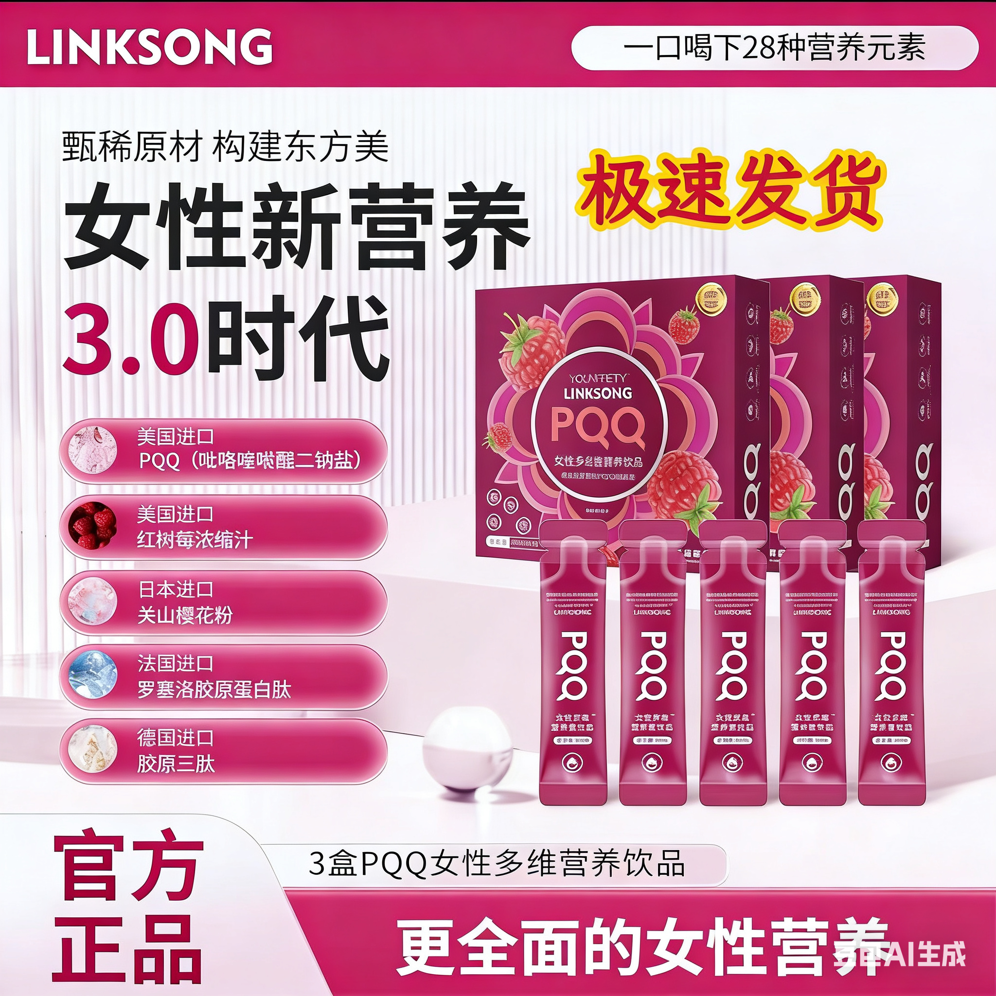 LINKSONG领纤红树莓PQQ女性多维胶原蛋白肽饮品维生素B液肽女维