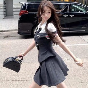 假两件拼接小众设计高级感衬衫 半身裙减龄百褶短裙两件套装 女夏季