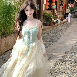 连衣裙子女夏 温柔韩系气质超好看独特漂亮收腰长裙高级感蓝色无袖