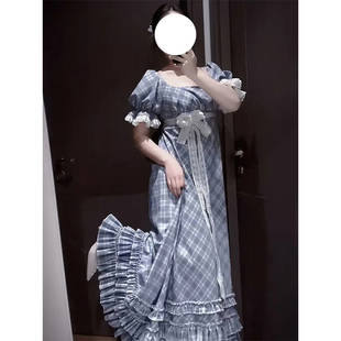 方领收腰格纹长裙子 法式 高级感荷叶边连衣裙女夏季 2025新款 泡泡袖