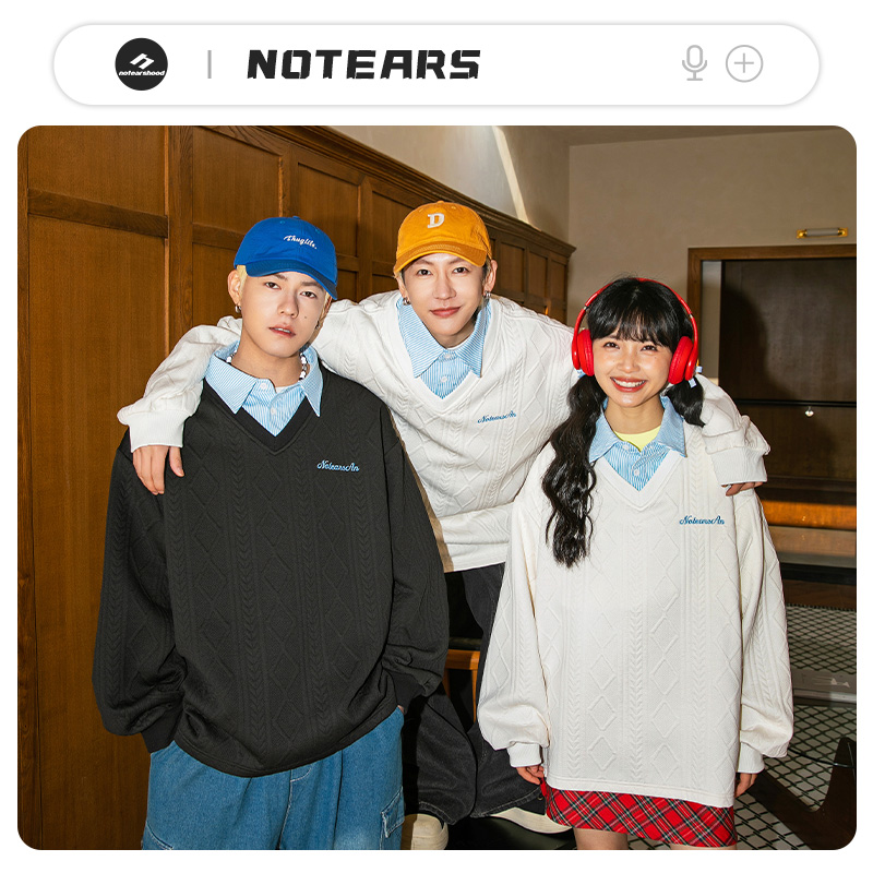 NOTEARS/没有眼泪 2025春美式假两件提花卫衣情侣同款上衣2591