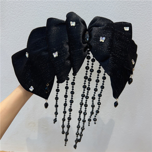 丝绒水钻蝴蝶结弹簧夹珠珠流苏重工发夹顶夹后脑勺2024年新款头饰