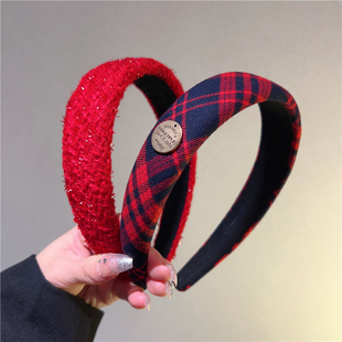 本命年英伦复古红色海绵发箍格子高颅顶显脸小学院风发卡头饰发夹