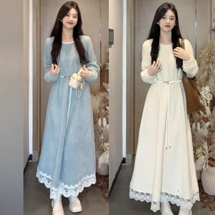 高级感白色法式连衣裙子女2025新款秋冬配大衣内搭打底巨好看长裙