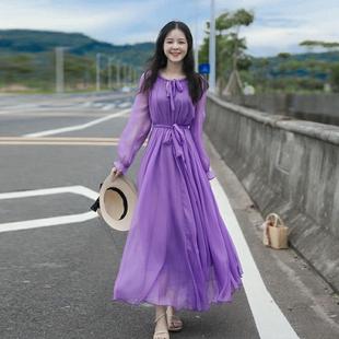 沙滩裙女洋气紫色连衣裙新款 红色雪纺长裙三亚海边度假拍照裙 时尚