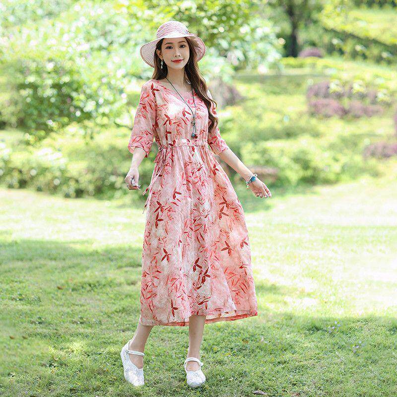 2024年新款宽松显瘦五分袖秋天薄款度假风长裙复古碎花棉麻连衣裙