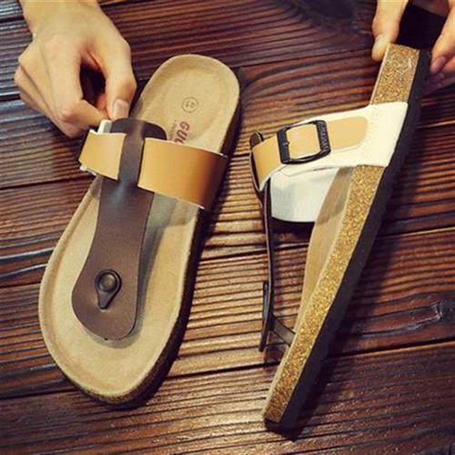 拖鞋男软木拖鞋人字拖男夏休闲木拖鞋平底外穿沙滩鞋夹脚大码拖鞋