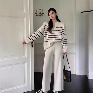 时尚套装女韩版宽松条纹针织上衣两件套休闲高腰坠感针织阔腿裤子