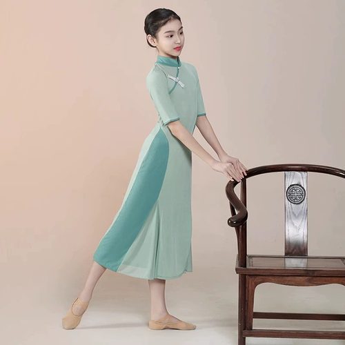 外婆桥舞蹈服 儿童旗袍古典舞演出服装 女童国风旗袍扇子舞练功服