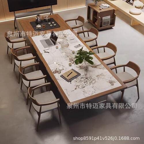 实岩板接议待会桌多设人茶桌椅一体公室木接待泡茶桌椅组229合计