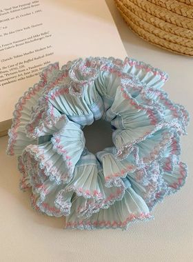 甜美蓝色格子花边多层大肠发圈少女扎头发丸子头发绳侧低马尾头绳