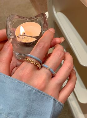 蓝色滴釉素圈戒指女夏时尚轻奢小众个性ins潮双层精致气质开口戒