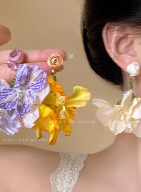 多巴胺彩色花朵耳环女春天2025新款海边度假风耳坠夸张耳夹耳饰品