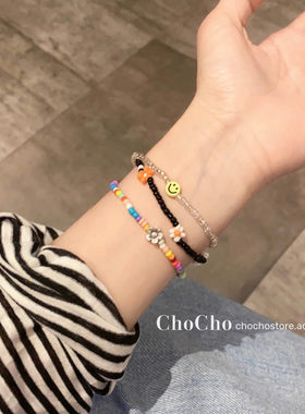 chocho/姜涩琪同款彩色串珠手链笑脸花朵多巴胺叠戴闺蜜手饰品女