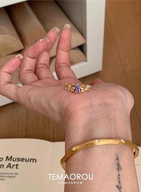 独家定制!微闪中古拉丝紫金花满天星戒指轻奢高级食指结精致指环