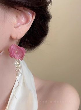 2025法式粉色花花耳环时尚高级甜美超仙红色粉色花朵耳环流苏夸张