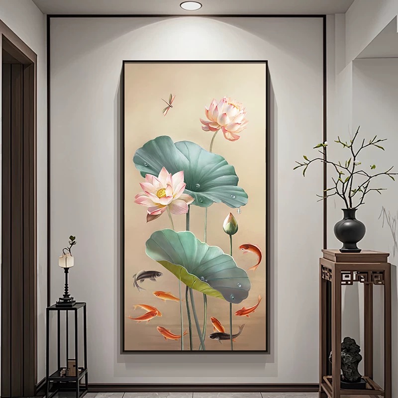 荷花九鱼图纯手绘玄关油画现代新中式走廊过道装饰画入户门挂墙画