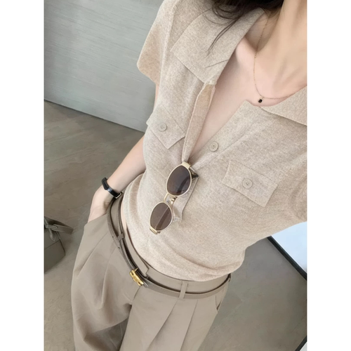老钱风气质v领针织短袖T恤女夏季2026新款修身显瘦polo衫正肩上衣