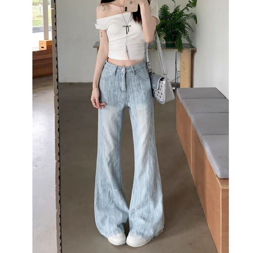 高个子加长美式浅色微喇牛仔裤女夏季高腰百搭显瘦直筒拖地喇叭裤