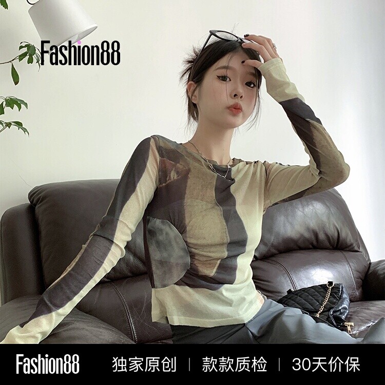 美式正肩长袖t恤女薄款夏季设计感小众纯欲修身显瘦内搭短款上衣图片