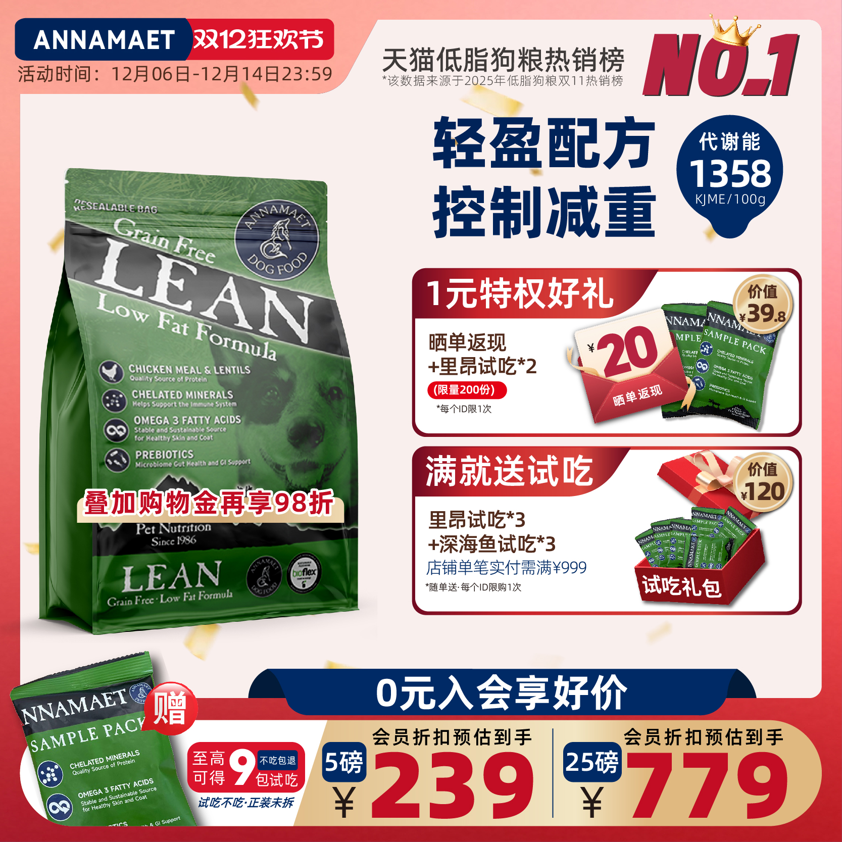 爱娜安娜玛特进口无谷鸡肉低脂里昂体重管理小型犬幼犬老年全犬粮