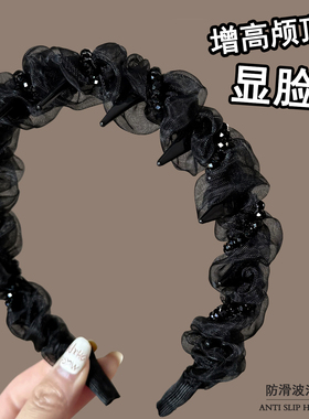 秋冬黑色网纱水钻发箍女款高级感洋气时尚高颅顶头箍日常外戴发卡