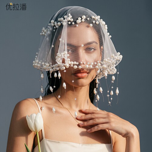 曼真小众设计师款珍珠流苏帽纱轻盈网纱包头头纱领证跟拍出片VA37