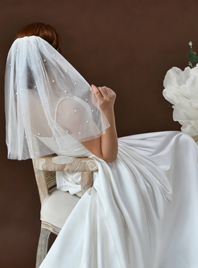 曼真法式白色珍珠装饰新娘头纱结婚登记领证拍摄道具M144