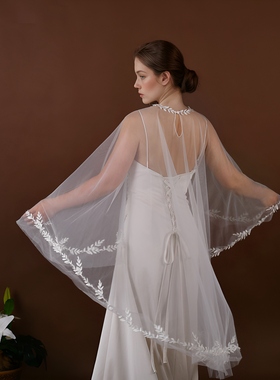 曼真森系小树叶蕾丝花边软网披肩婚纱礼服小裙子套头外搭V311