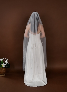 曼真白色珍珠新娘头纱结婚登记领证单层头饰高级婚纱配饰V06-1.5