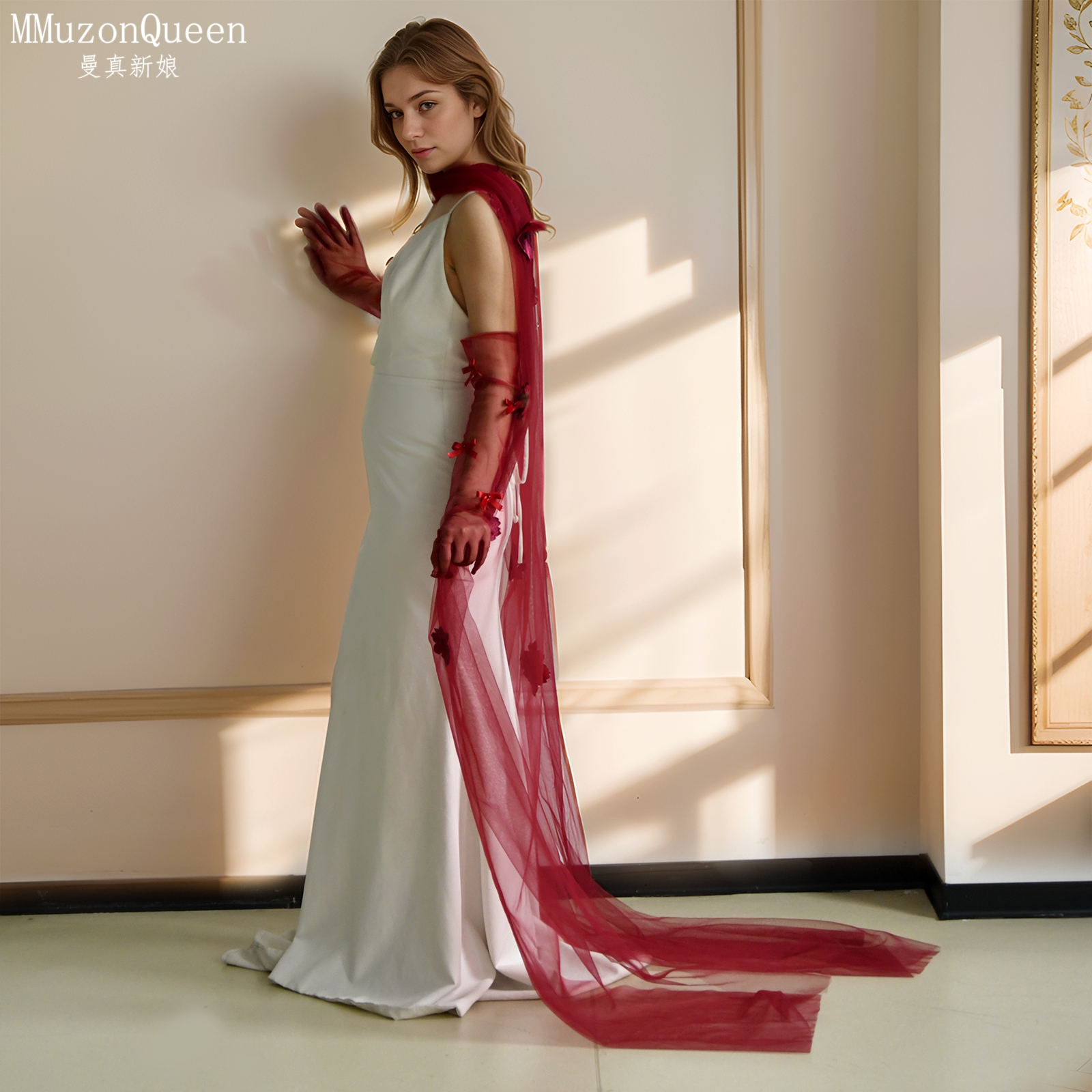 曼真酒红色新娘披肩纱颈纱长款