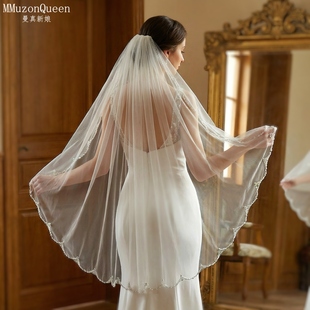 曼真新娘精美串珠边头纱单层带发梳结婚造型发饰V249