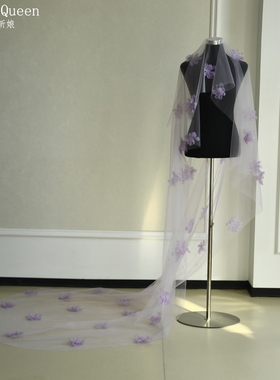 曼真新娘头纱长款拖尾紫色花朵装饰浪漫唯美适合结婚草坪婚礼M158