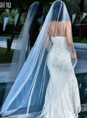 曼真 新娘珍珠头纱简约领证登记新娘头饰白色钉珠结婚头纱发饰M61