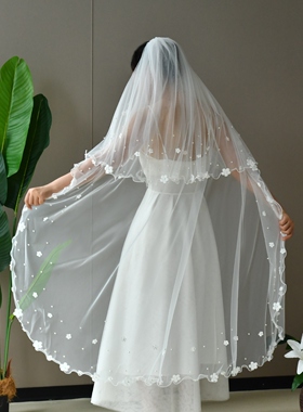 曼真白色花朵珍珠头纱新娘森系主题婚礼婚纱礼服双层网纱配饰V217