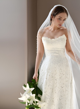 曼真3m长白色珍珠头纱新款钉珠新娘婚礼精美网纱头饰简约素纱V157