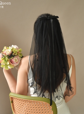 曼真新娘头纱黑色短款单层珍珠卷边拍照神器高级感头饰V223