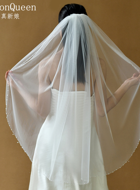 曼真串珠边白色单层短款新娘头纱时尚软纱婚礼头饰带发梳头纱M21
