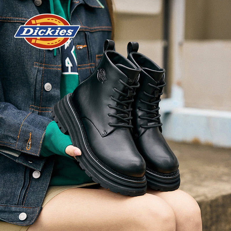 Dickies马丁靴女鞋2025新款冬季加绒简约风厚底增高靴子黑色皮靴,女鞋,马丁靴,淘宝优惠券,粉丝福利购,淘宝优惠卷