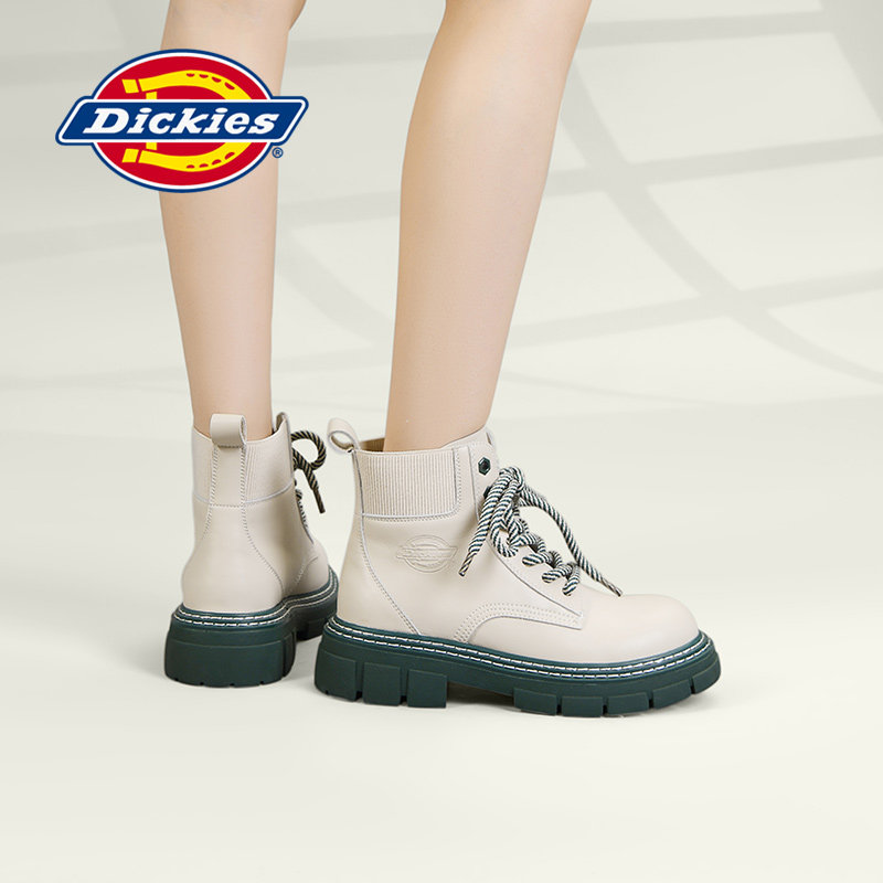 Dickies靴子女款2026春秋新款短靴女百搭厚底增高软皮马丁靴女鞋