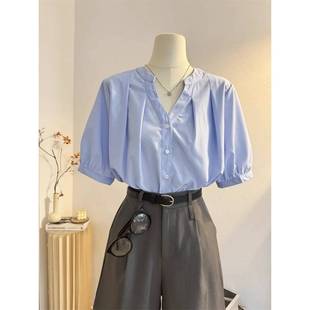 女2025夏设计感宽松休闲通勤衬衣五分袖 衬衫 上衣 领纯色短袖 法式