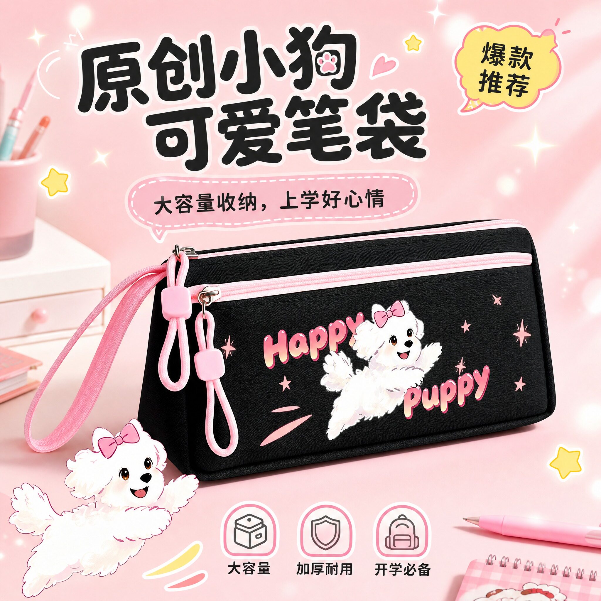 小狗笔袋女生2026新款女孩小学生文具盒女孩款一年级高颜值文具笔袋女孩版大容量铅笔袋小众不撞款儿童铅笔盒