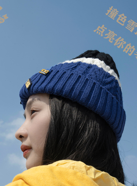 BASIC男女圆顶毛线针织帽创意徽章撞色显白修脸加绒保暖包裹百搭
