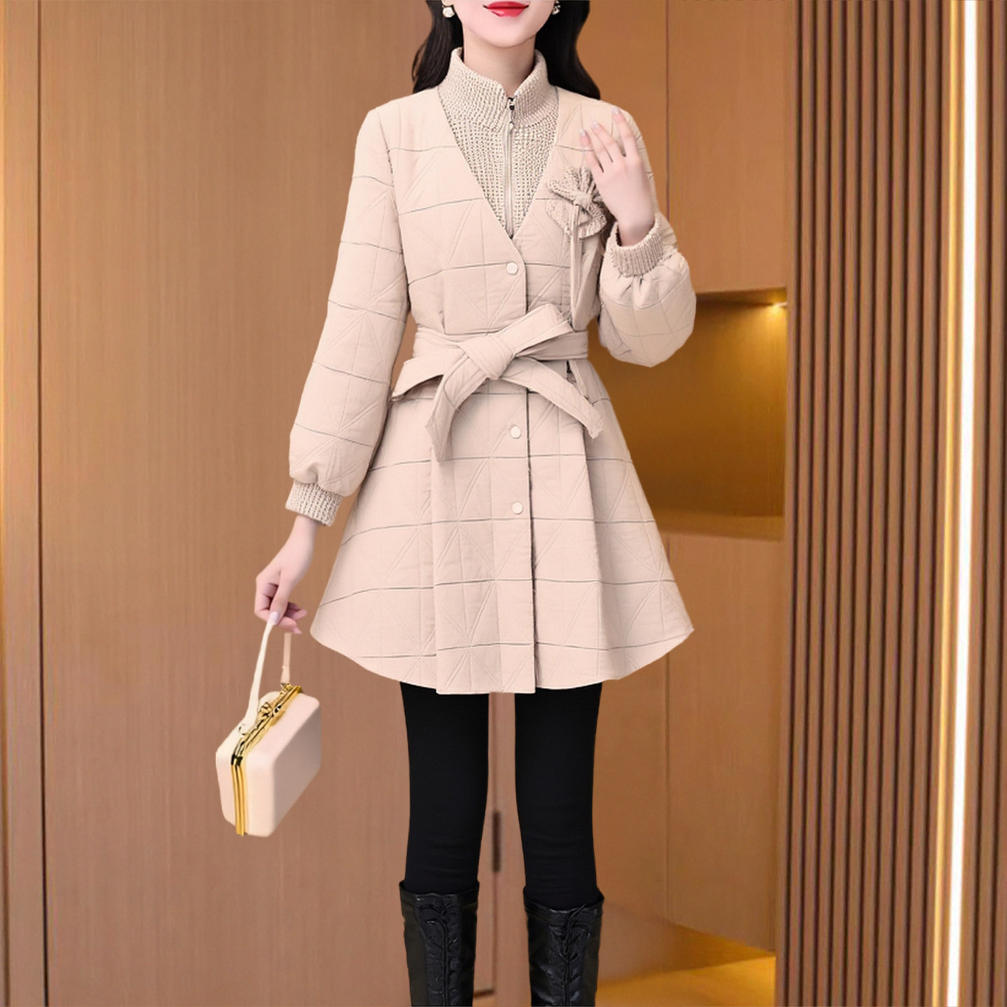 毛呢拼接小香风棉服女秋冬晋江爆款半高领夹棉外套女冬中长款收腰