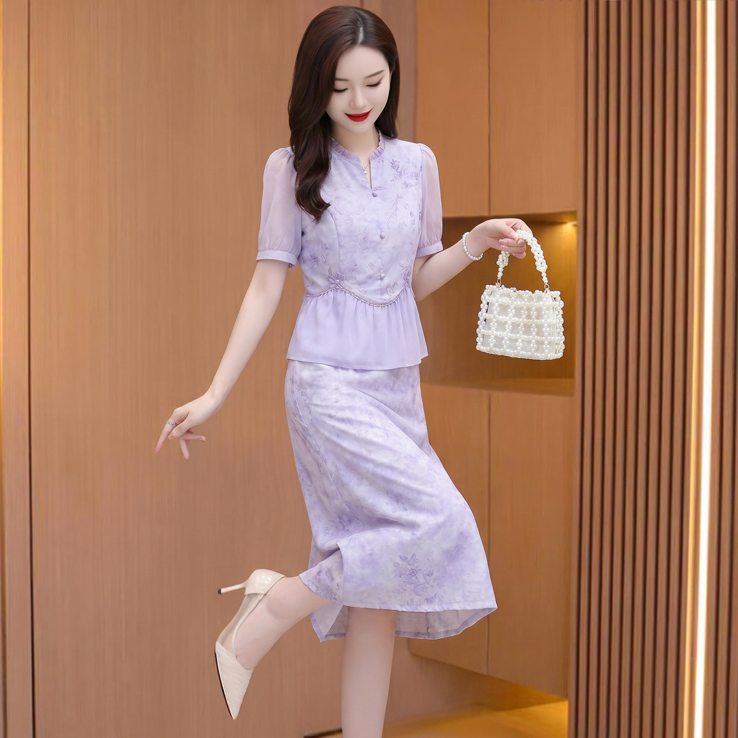 巨好看旗袍套装连衣裙女夏洋气减龄新中式国风紫色礼服广州十三行